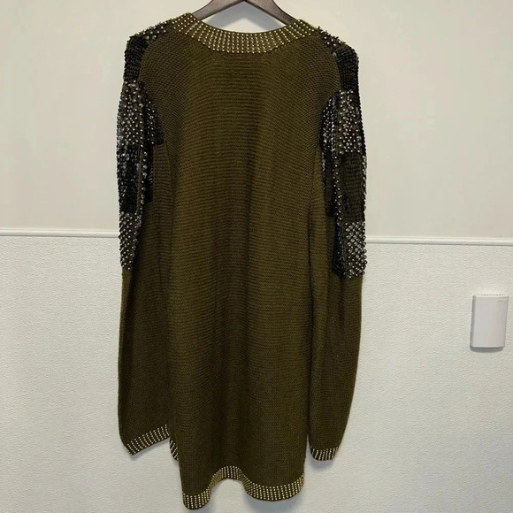 Women's Missing Tag Cardigan M Olive Green Gold Beaded Wool - Picture 12 of 16